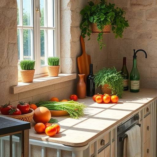 Encimera de piedra con ingredientes frescos mediterr치neos bajo la luz del sol.