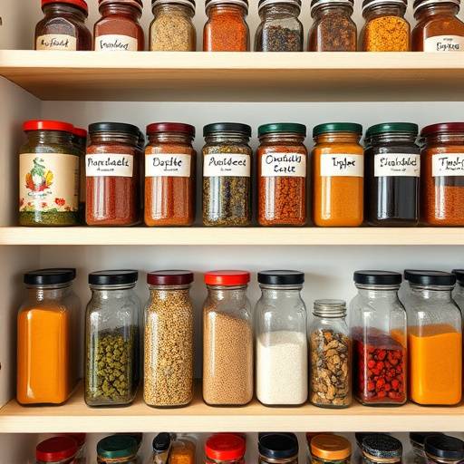 Estantes organizados con especias mediterr치neas en frascos etiquetados.