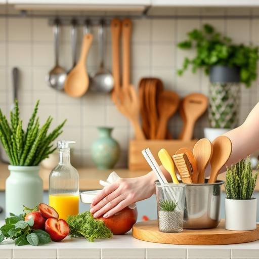 Persona limpiando la cocina con productos de limpieza naturales y organizando los utensilios.