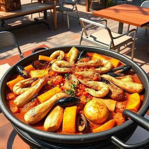 Un plato de paella valenciana con arroz, mariscos y pollo servido en una mesa de exterior.