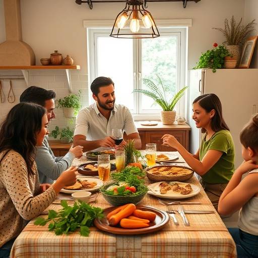 Una familia disfrutando de una comida en una cocina mediterr치nea organizada.