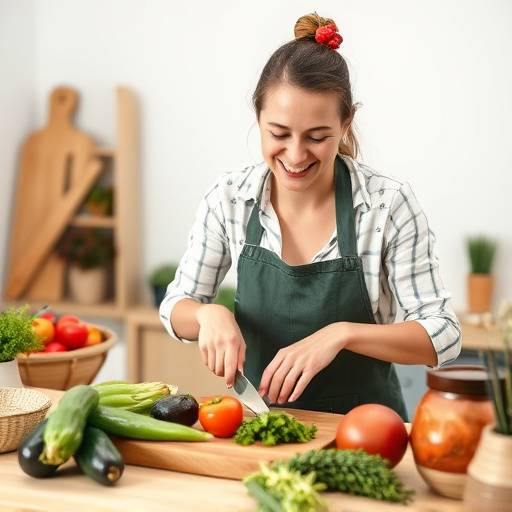 Una mujer sonriendo mientras corta verduras frescas en una tabla de cortar de madera.